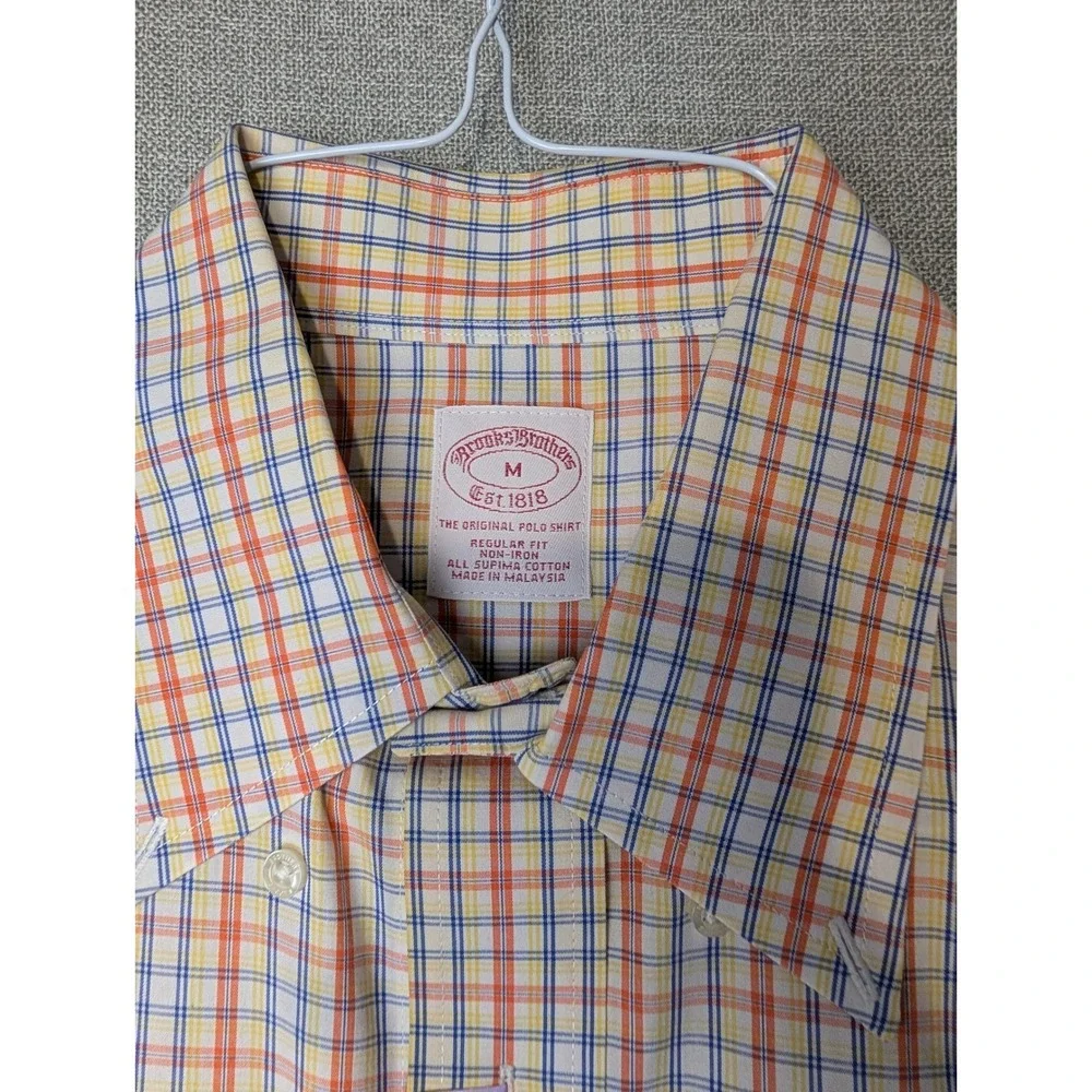 Brooks Brothers Polo Shirt Mens M Orange Blue Plaid Supima Cotton Non-Iron - Picture 2 of 9